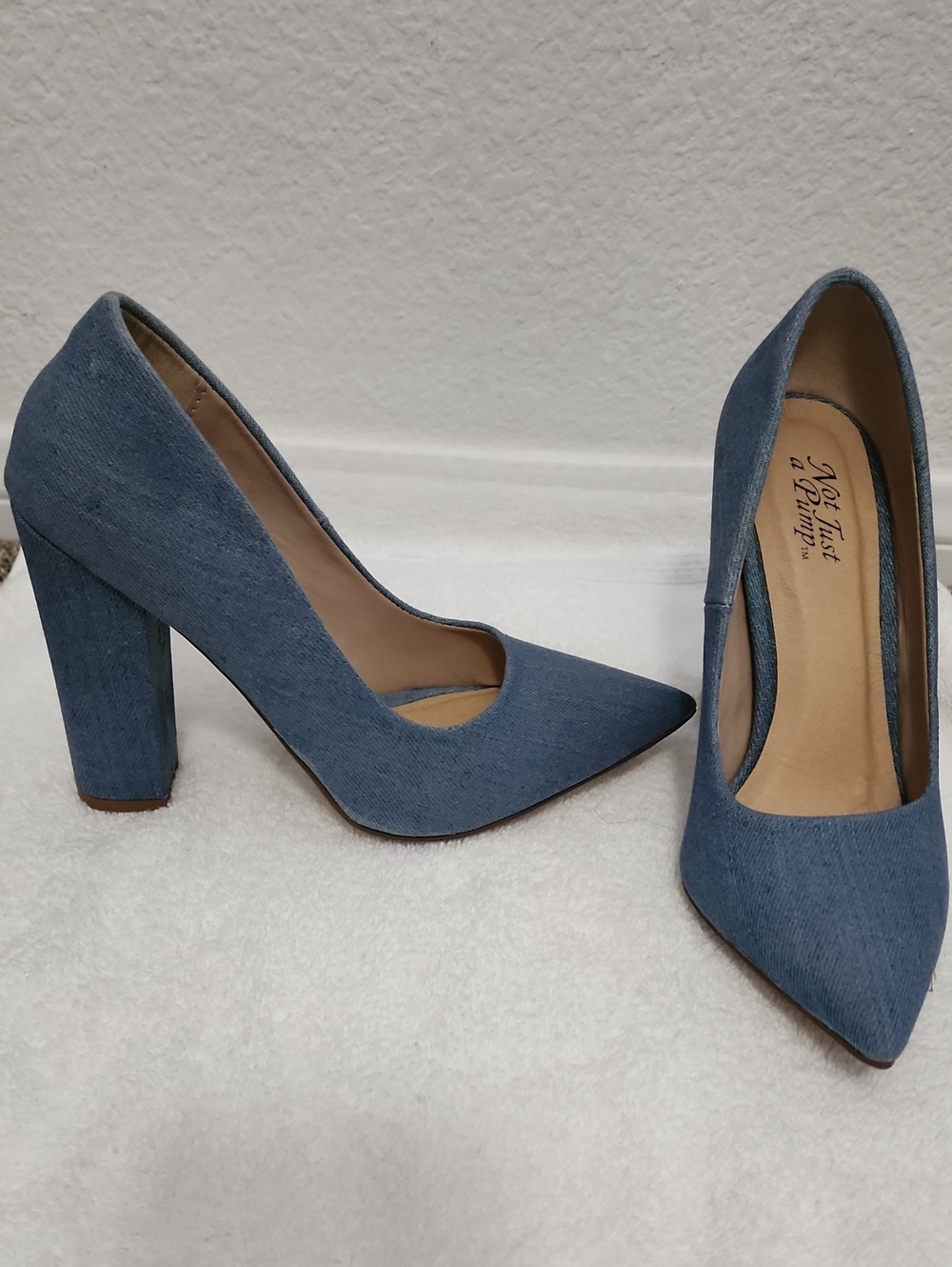 Denim Blue Pointed Block Heel Pumps